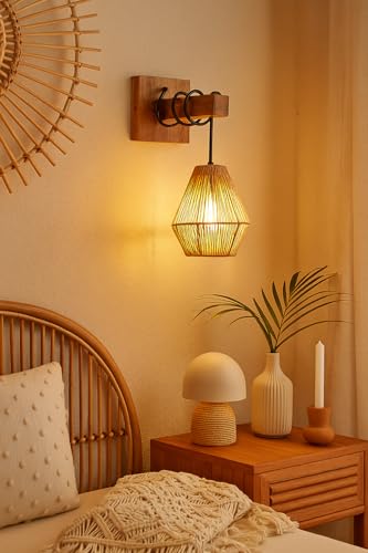 Image of AKWAY Rattan wall Lamps for Living Room | Bamboo wall Lights for Bedroom | Cane wall scones for Home Decoration (Bulb Not Included) (Raffia Bell Shaped)
