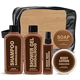 Gifts for Men 6pcs Sandalwood Gift Set Travel Size Toiletry with Shampoo, Shower Gel, Soap, Body Lotion, Mens Gifts Birthday Anniversary Gift Sets for Men, Christmas Self Care Fathers Day Gift