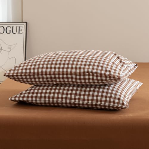 JIYUAN Queen Washed Cotton Pillowcases, Set of 2, Classic Gingham by JIYUAN - Used condition - US$18.71
