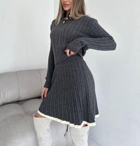 chouyatou Women's Cable Knit 2 Piece Outfits Long Sleeve Polo Sweater and Elastic Waist Pleated Mini Skirt Sets3