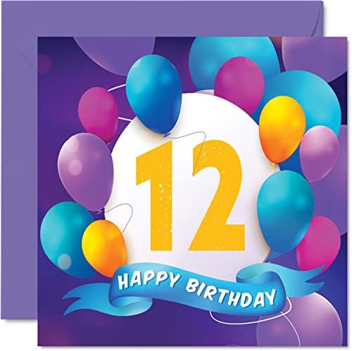 12th Birthday Card for Boys Girls - Balloon Party - Happy Birthday Cards for 12 Year Old Boy Girl Brother Sister Son Daughter Grandson Granddaughter Cousin, 5.7 x 5.7 Inch Bday Greeting Cards Gift