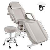 Facial Tattoo Chair for Client with Wheel, Esthetician Lash Bed for Beauty Salon with Rolling Stool, Multipurpose Adjustable Headrest Massage Tattoo Artist Lockable Armchair, Waterproof Leather -Grey