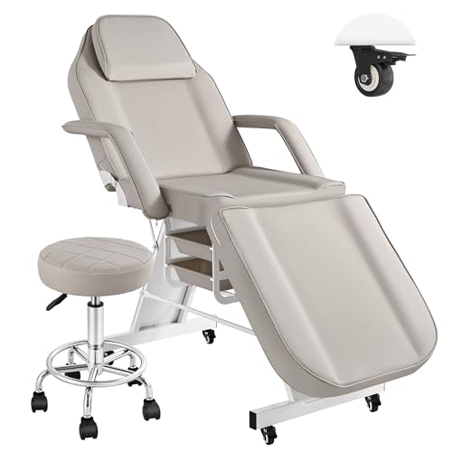 Facial Tattoo Chair for Client with Wheel, Esthetician Lash Bed for Beauty Salon with Rolling Stool, Multipurpose Adjustable Headrest Massage Tattoo Artist Lockable Armchair, Waterproof Leather -Grey