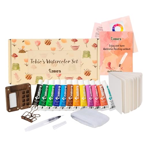 Original Tobios Mini Wooden Watercolor Paint Set – Compact Travel Art Kit with 12 Colors, Refillable Brush & Sketchbook – Unique Creative Gift for Birthdays, Holidays & Art Lovers