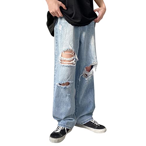 Ripped Jeans Men Relaxed Fit Wide Leg Baggy Destroyed Denim Pants with Pockets Casual Trousers Hip Hop Streetwear