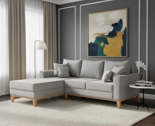 Sofá Beny com Chaise Esquerda, 3 Lugares, Estofado em Linho, Base...