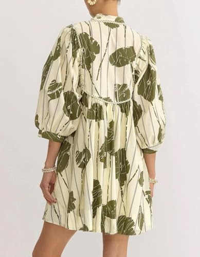 Women Floral Babydoll Mini Dress V Neck 3/4 Puff Sleeves A Line Flowy Swing Summer Sun Dresses4