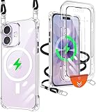 iPhone 17 用 ケース クリア [1枚ガラスフィルム付き] アイフォン17 ケース ショルダー ストラップ付 Magsafe対応 マグネット搭載 携帯カバー 耐衝撃 全面保護 紐付き 肩がけ 首掛け 縄掛けケース TPU 薄型 軽量 き調節可能 取り外し可能【透明】