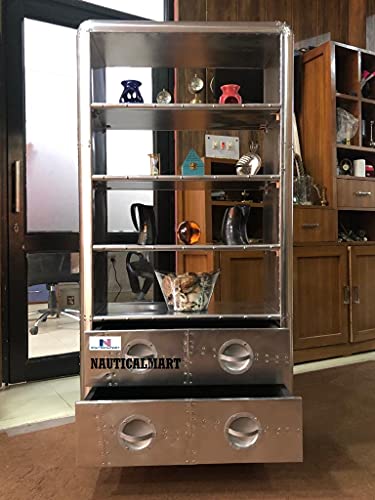 Nauticalmart Art Deco Vintage Flyer Furniture Luxury Designer Aluminum Bookcase With Drawers Vintage Aviator Furniture #TOP3
