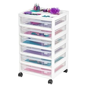 IRIS USA Fits 12″ x 12″ Paper, 6-Tier Scrapbook Rolling Storage Cart with Organizer for Stationery Vinyl Tools Office Art and Craft Supplies, Yarn, 6 Clear Cases w/Built in Handle – White/Clear