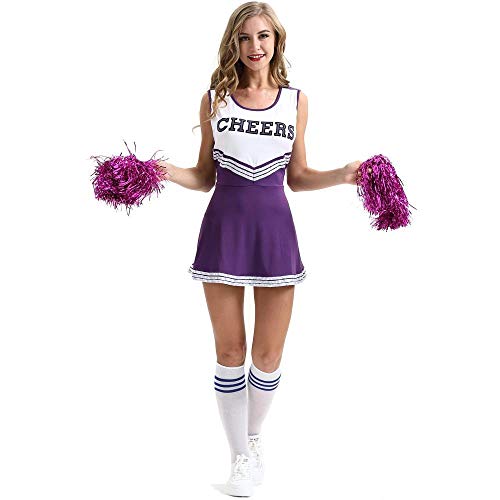 fagginakss Damen Cheerleader Cheerleading Kostüm Mädchen Uniform Karneval Fasching Party Halloween Kostüm Kleid Minirock Bekleidung mit 2 Pompoms