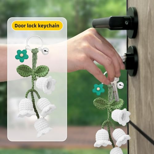 SuperKaKa Car Cute Knitted Keychain, Handmade Crochet Key Ring, Hanging Ornament Pendent Accessories for Women Keys (Lily of the valley, White)