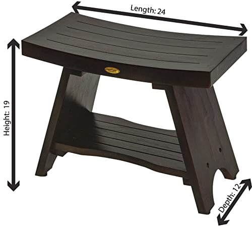 Decoteak Serenity Shower Stool Wooden Shower Seat Spa Bench With Curved Seat, 24" Long Teak Wood Shower Stool In Woodland Brown Finish For Indoor And Outdoor Use #TOP5