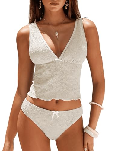ZAFUL Cute Tankini Swimsuits for Women High Cut Lace Bathing Suit Tummy Control Two Piece Swimsuit 2026 Beige