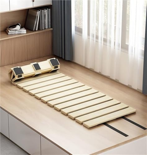 Foldable Solid Wood Floor Bed Frame, Roll-Type Slatted Futon Frame for Bedrooms, 78.7" x 59.1" Mattress Support, Space-Saving Design, Easy Assembly
