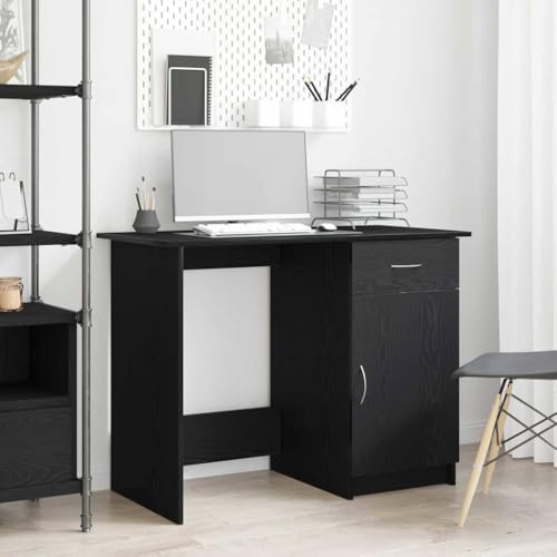 SooIarix Escritorio con almacenamiento de madera de roble negro, 100 x 50 x 76 cm, con cajón y puerta, mueble para estudio, mesa de ordenador y mesa de juegos
