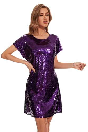 Image of Women's Crewneck Sequin Shift Dress Short Sleeve Casual Holiday Sparkly Party Dress