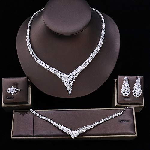 Jorsnovs 4PCS Arabic Dubai Indian Jewelry Set for Women Bride Cubic Zirconia Pageant Necklace Dangle Earrings Bracelet Open Ring Set Bridal Jewelry for Wedding Prom Evening Wear Anniversary Birthday Engagement Valentine's Day Gifts for Her2