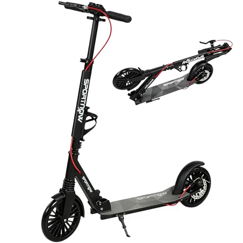 SPORTNOW Cityroller Aluminium Höhenverstellbar & Klappbar Scooter mit 200 mm PU-Räder ABEC-7 Kugellager Dual-Bremssystem Becherhalter Tretroller bis 100 kg Kickroller für Jugendliche & Erwachsene