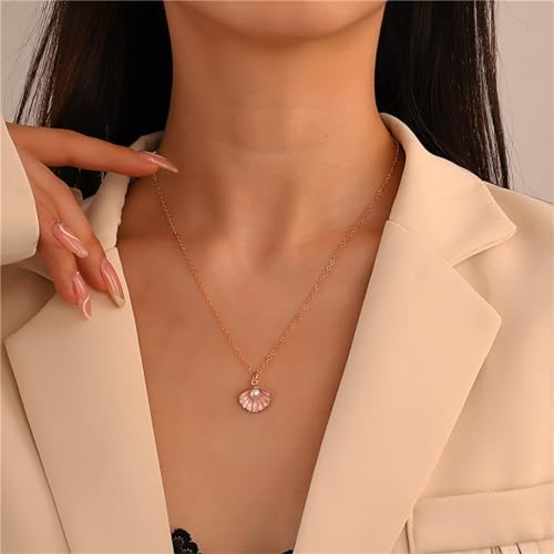Seashell Pearl Pendant Necklace Gold Plated Boho Enamel Pink Blue Scallop Sea Shell Starfish Ocean Animal Chain Necklace for Women Hawaiian Summer Beach Holiday Fashion Jewelry Gifts2