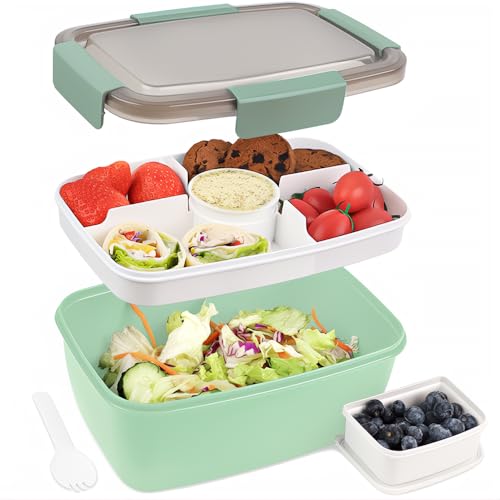 Bugucat Bento Box 2000 ml, contenitore per il pranzo per insalata da portare con vassoio a 4 scomparti, insalatiera con contenitore per condimenti, contenitori per pasti preparati per cibo, frutta