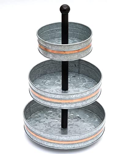 Galvanized Stand, Tiered Tray, Three Tier Serving Stand With Copper Trim, Cupcake Stand Bar Accessories, 3 Tiered Metal Tray Platter For Cake, Dessert, Appetizers & More- Antique Silver #TOP2