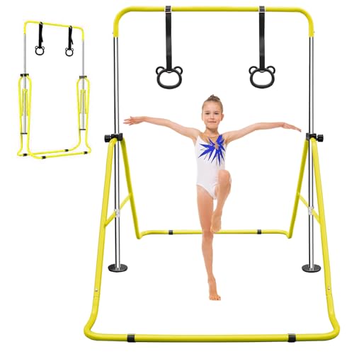 Adjustable Gymnastics Bar for Kids Foldable Horizontal Training Kip Bar with Bear Rings Multi-Functional Junior Gymnastic Bar Kids Gymnastics Equipment Adjustable Height 34.8