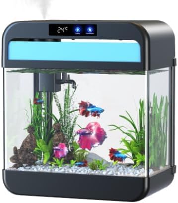 Aquarium 2.2 Gallon Betta Fish Tank with 3-in-1 Self Cleaning Silent Water Pump and 7 Color Circulation Light Glass Tank with Temperature Display Screen, Smart-Black