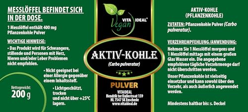VITA IDEAL Vegan® AKTIV - KOHLE 200g PULVER - Carbo pulveratur - Pflanzenkohle - Holzkohle - AKTIVKOHLE - pflanzlich, natürlich & ohne Zusatzstoffe - inklusive Messlöffel.