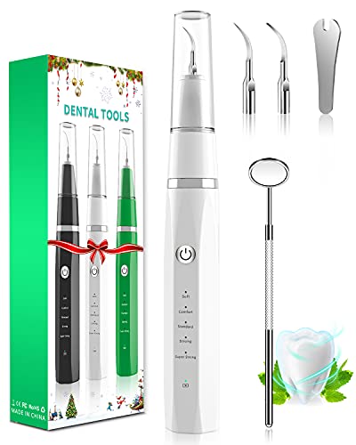 Ultrasonic Tooth Cleaner - Plaque Remover for Teeth Remove Teeth Stain tarter Plaque Calculus-with Led 5 Adjustable Modes 3 Replaceable Clean Heads - 100% Safe(White)