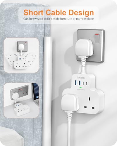 Multi Plug Extension Socket with 4 USB Ports, ANVODE 2 Way Plug Adaptor with Flexible Cable, Short Extension Lead Double Adapter Plug UK for Bedroom, Office, Kitchen. White - Image 5
