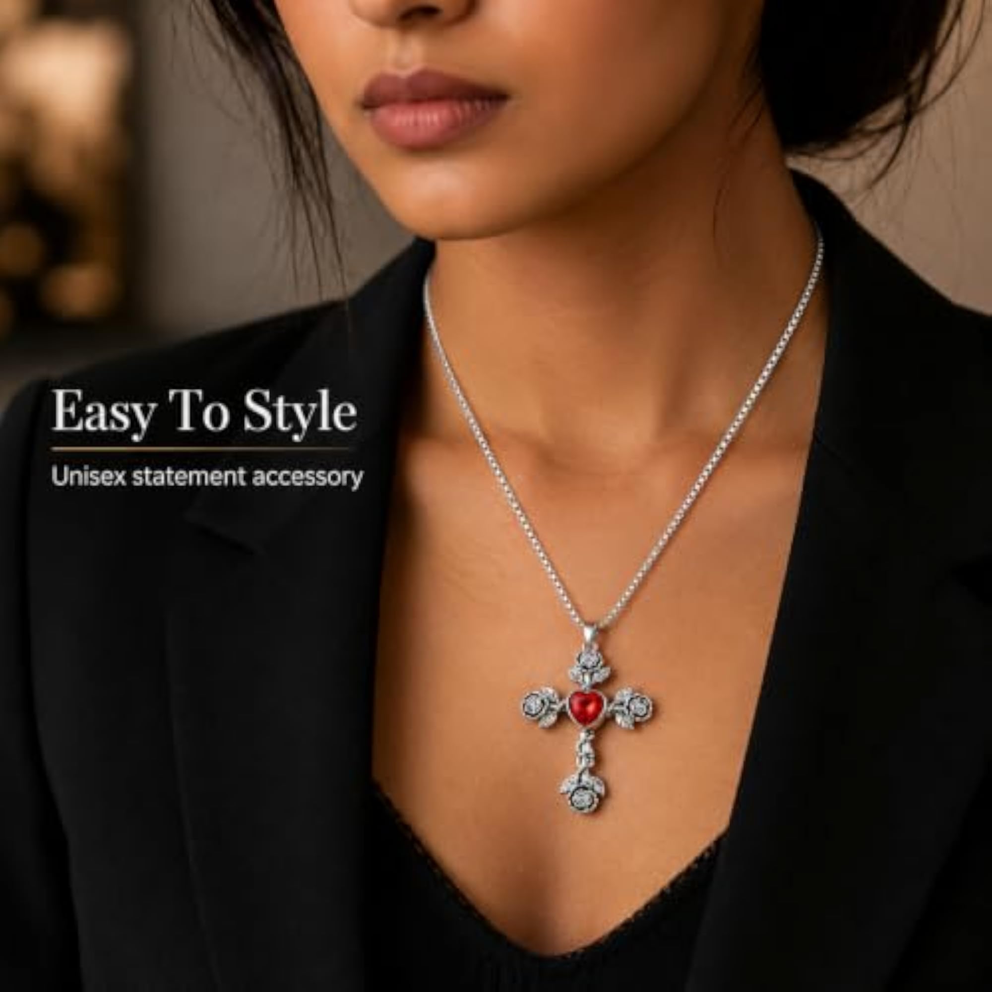 Vintage Rose Cross Pendant Necklace with Red Crystal