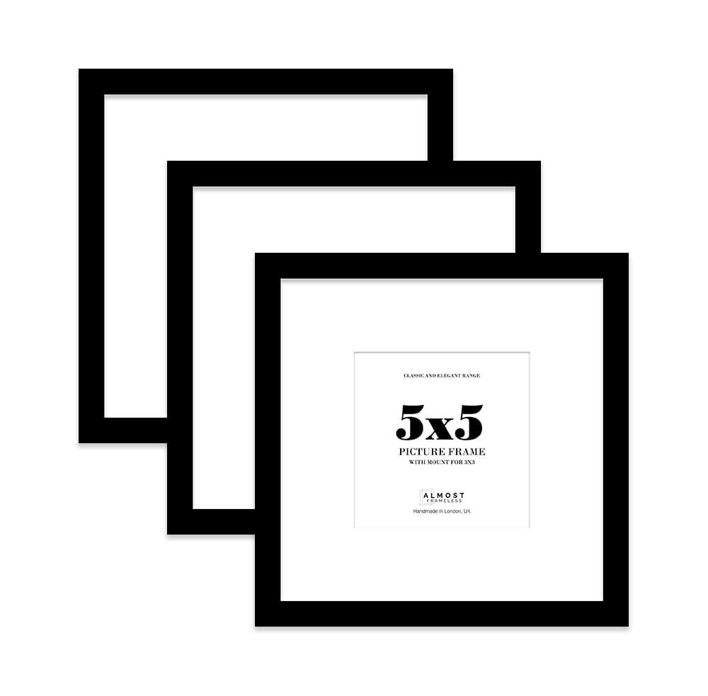 5x5 Black Picture Frame with Mount for 3x3 Photos, Prints - Modern Square Wall Frame, Set of 3