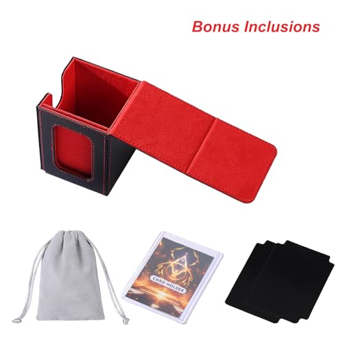 Image of AFIING MTG Deck Box for Commander Display,Card Deck Box Fits 100 Double Sleeved Cards, Magic Commander TCG Card Storage Box with 2 Dividers,Drawstring Bag and 1 Toploader(Black /Red)