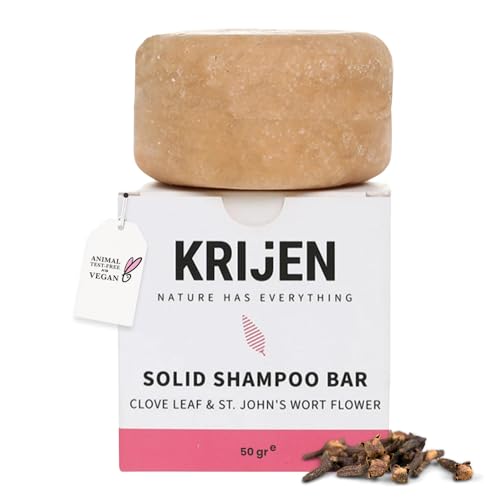 Krijen Champú vegano con aceite de clavo, aceite de hierba de San Juan y arcilla rosa, para cabellos grasos y escamosos, hidratante, antipérdida de cabello, hecho a mano, funciona en agua dura, 50 g