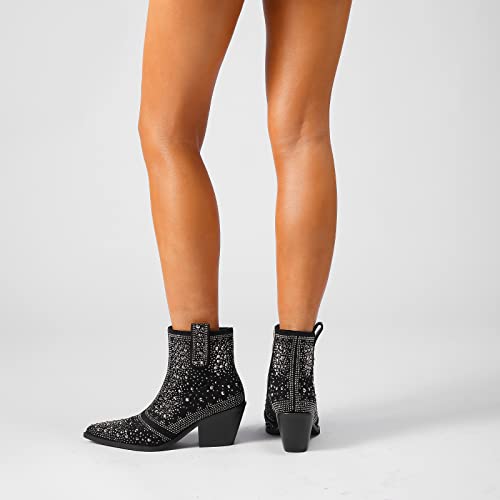 Isnom Rhinestone Boots Cowboy Boots For Women, Sparkly Boots Short Cowgirl Boots Black Ankle Boots Block Heel Western Glitter Booties Crystal Rhinestone Combat Boots #TOP3