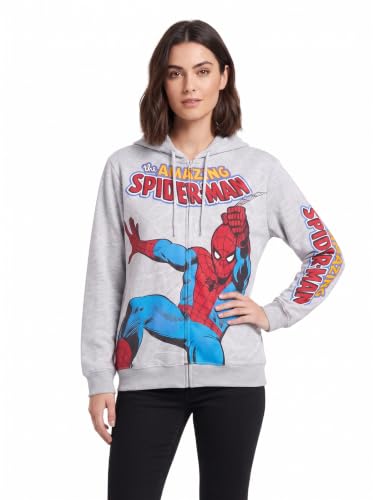 Image of Marvel Spider-Man Womens Hoodie Full Zip Up Graphic Hooded Sweatshirt, Spiderman Cool Heather Grey, S