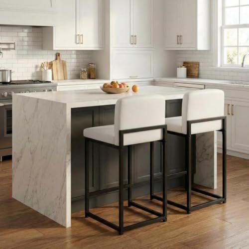 Butacos modernos Garvee, set de 2 unidades, altura de barra 24,8 pulgadas, tapizados en cuero sintético PU con respaldo, para isla de cocina, bar o mostrador, color blanco miniatura 1