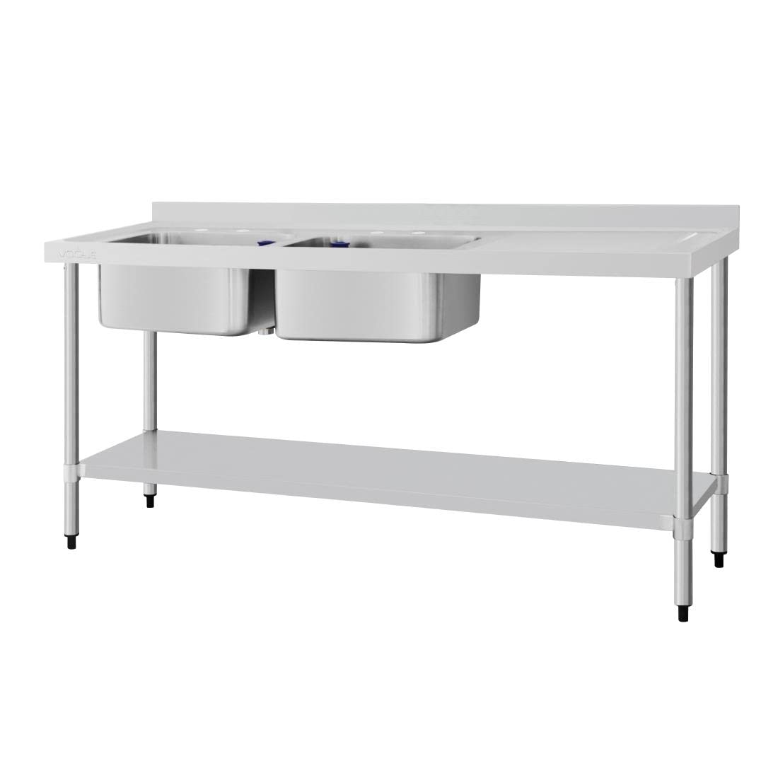 Vogue Double Sink Right Hand Drainer 1800mm, Stainless Steel, Size: 1800(W) x 600(D)mm, Sink Dimensions: 400x400 and 500x400mm, Undershelf, Standpipe Included, Flat Packed Self Assembly | DY827