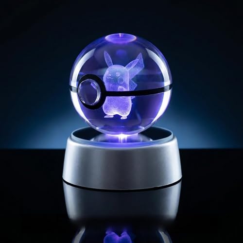 Boule de cristal 3D Poke – Lampe LED RGB avec dragon de feu gravé – Lumière de nuit créature ailée avec base lumineuse – Idée cadeau pour les...
