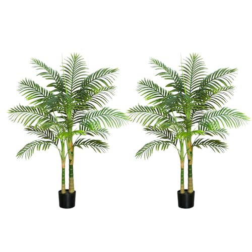 2PCS Artificial Palm Tree Indoor Plant 4FT Tall Fake Tropical Palm Tree in Pot with Real Bark Design...