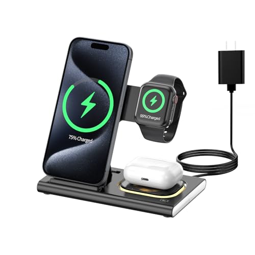 Aresh Wireless Charger, 4 in 1 Folding Fast Wireless Charging Station for 15 14 13 12 Pro Max, Apple Charging Station with Night Light for Apple Watch Ultra2 9 8 Se 7 6 5 AirPods Pro