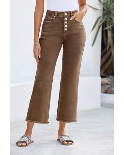 GRAPENT Capri Jeans for Women Trendy High Waisted Wide Leg Flare Button Fly Stretchy Denim Pants Raw Hem Cropped Jeans2