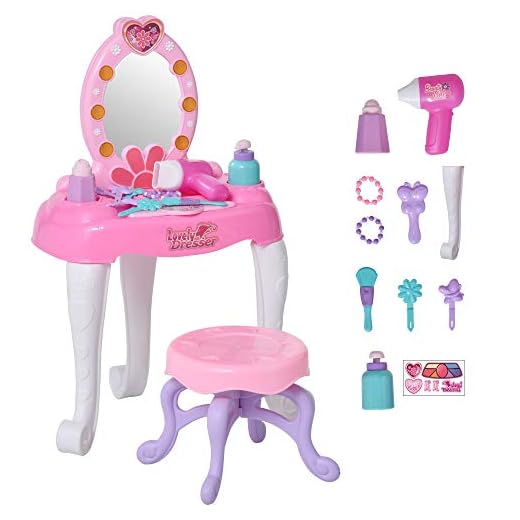 HOMCOM Tocador de Juguete para +3 Años Mesa de Tocador con Taburete Espejo Incluye 16 Accesorios Función de Música Luces 36x20x59,5 cm Rosa