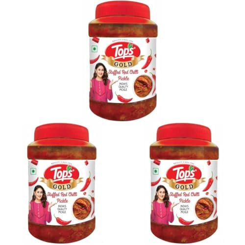 Image of TOPS Gold Pickle Stuffed Red Chilli - 900 gm | Perfect blend of spicy red chillies blended in mustard oil (Pack of 3)