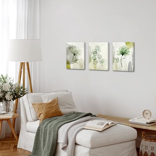Image of NutArtPic Flower Canvas Wall Art Sage Green Floral Pictures Minimalist Wildflower Painting Prints for Home Decor 12''x16''x3pcs