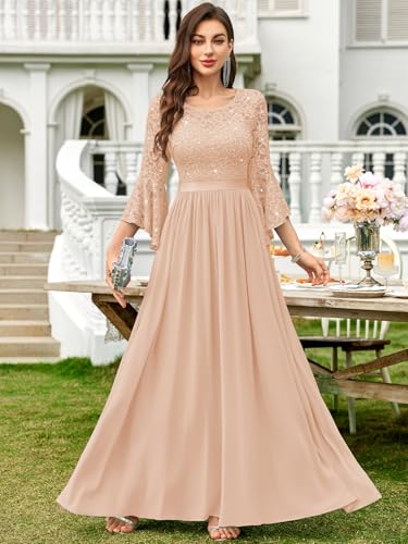 Image of Miusol Women's Formal Sparkle Sequin Lace Bell Sleeve Evening Party Maxi Dress