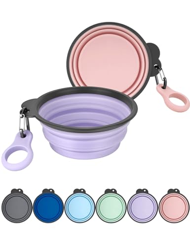 Heouvo Ciotole pieghevoli per cani con portabottiglie, confezione da 2 ciotole da viaggio per cani con moschettone aggiornato, bordo modellato in un unico pezzo, non cadono o si crepa (rosa/viola, S