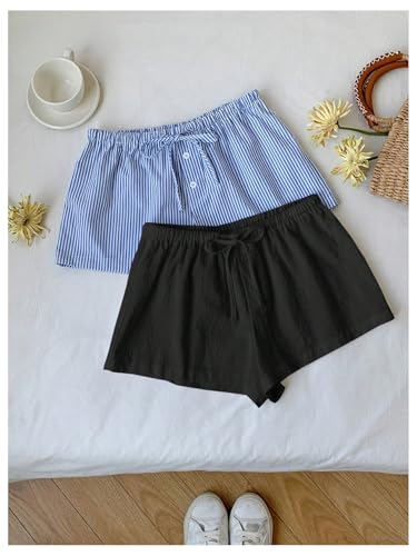 Image of MakeMeChic Women's 2 Pack Linen Shorts Striped Gingham Boxer Shorts | Summer, Beach Shorts, Cover Up, Pajama, Lounge