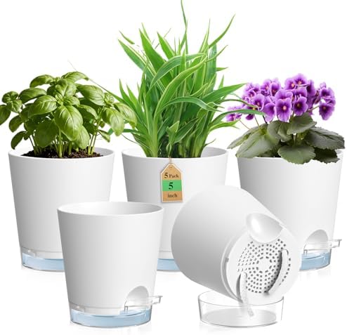WSMKSZ 12.7 cm Selbstbewässerungstopf, 5er Set Kleine Pflanztöpfe, Weiß | Kunststoff Blumentopf Selbstbewässernd mit Transparentem Untersetzer & Abflusslöchern, Sichtbarem Wasserst
